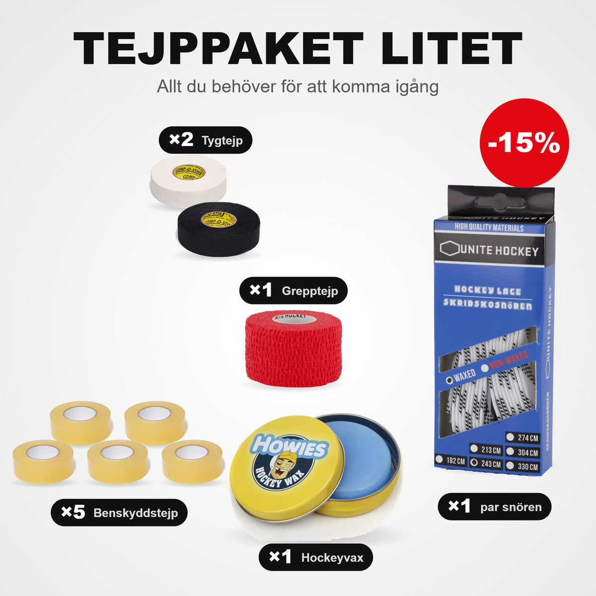 Juostų rinkinys „Litet“: 5 apsaugų juosta, 2 medžiaginės juostos, 1 rankenos juosta, 1 pora pačiūžų raištelių ir ledo ritulio vaškas
